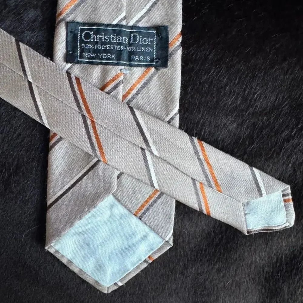 Christian Dior Vintage Stripe Tie Polyester Linen Tan Brown Orange Embroidered